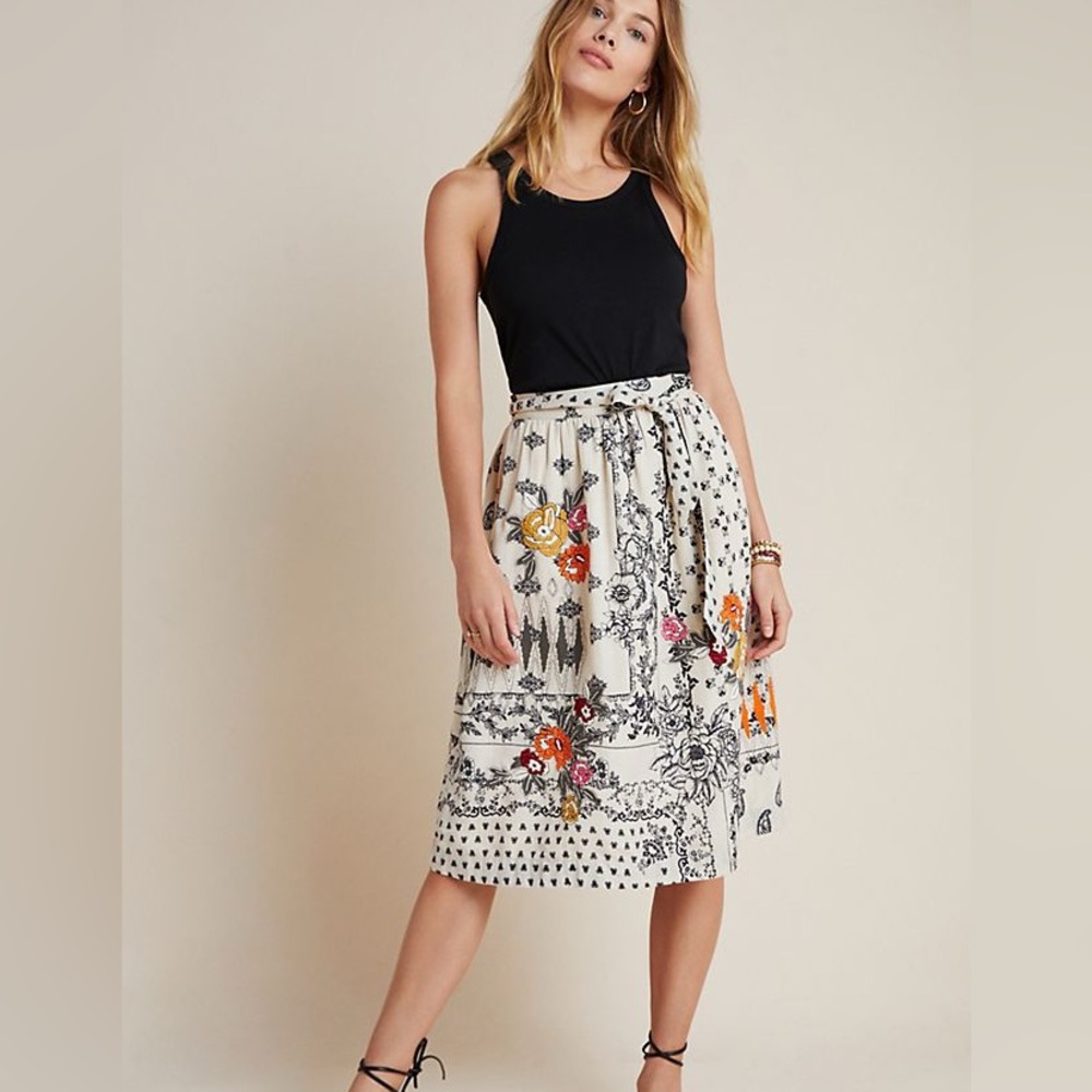 Anthropologie Vineet Bahl Devi Embroidered Floral Knee Length Skirt Size XL